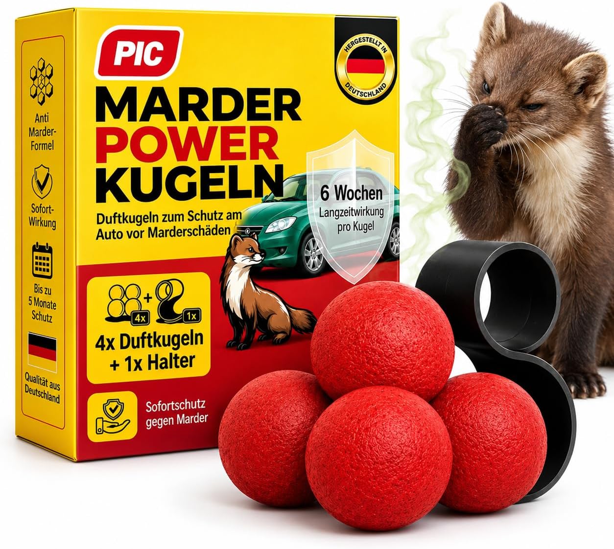 PIC Marderabwehr Auto – 4 Duftkugeln mit Halter – Produktbild aus dem Amazonangebot