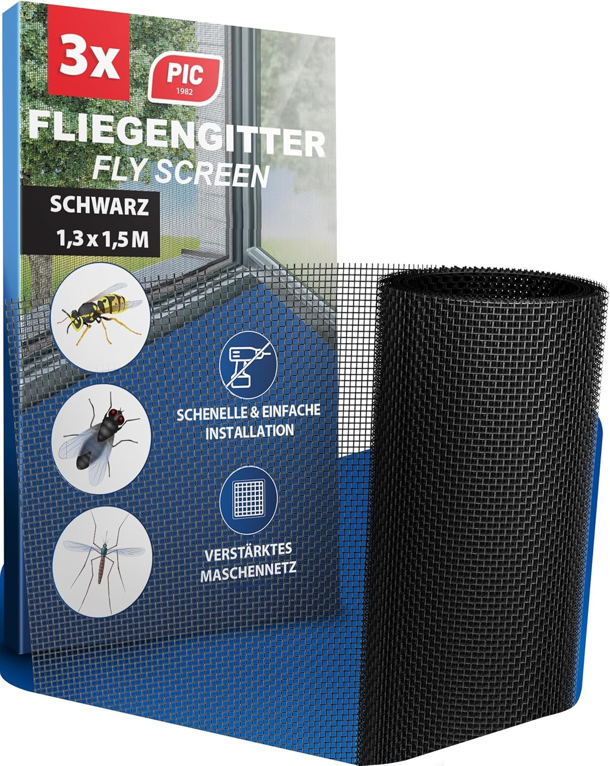PIC Fliegengitter 130x150 cm Schwarz 3er Set – ohne Bohren, Mückenschutz | Ohne Bohren, waschbar und wiederverwendbar, Mückenschutz gegen Mücken und Fliegen – Produktbild aus dem Amazonangebot